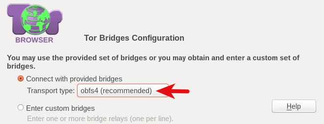 Затем выберите мост obfs4 по умолчанию